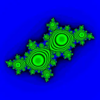 Filled Julia set for '"`UNIQ--postMath-00000021-QINU`"' for Golden Mean rotation number with interior colored proportional to the average discrete velocity on the orbit = abs( z_(n+1) - z_n ). Note that there is only one Siegel disc and many preimages of the orbits within the Siegel disk