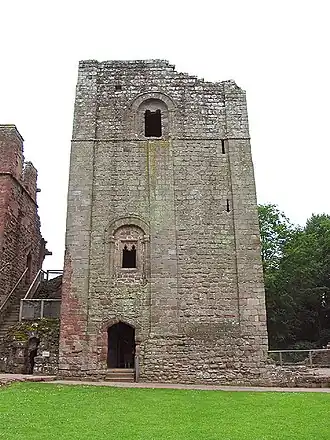A photograph of the keep at Goodrich Castle in the 21st century