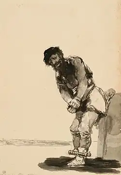 Ink wash drawing of a chained prisoner, in the Musée Bonnat, Bayonne