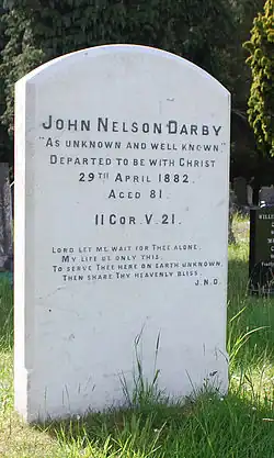 Stone gravestone with carved text marking the burial place of John Nelson Darby