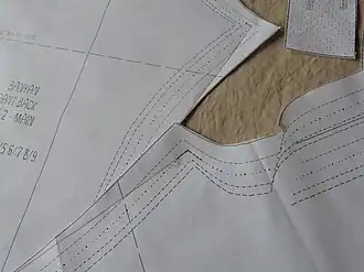 A sewer grades a pattern with red ink, to match measurements tailored to the person who will wear the garment.