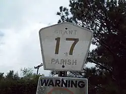 Badly faded parish-installed marker for Grant Parish Road 17, off of LA 8