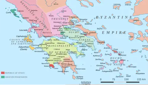 Political map showing southern Greece with the various principalities in different colours