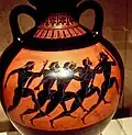 Panathenaic amphora showing runners, awarded to a victor in one of the Panathenaic Games, c. 530 BC. It would have been filled with oil from the sacred olive groves in Attica. Metropolitan Museum of Art