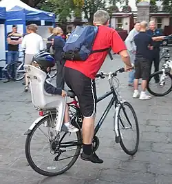 A child in a bicycle carrier