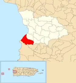 Location of Guanajibo within the municipality of Mayagüez shown in red