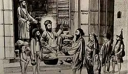 Guru Nanak in service at Daulat Khan Lodhi's stores, by Lahora Singh Mussawar, ca.1900