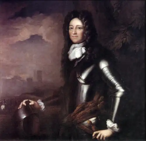 painted portrait of Gustavus Hamilton as a young man showing a clean-shaven man wearing a long curly wig, clad in armour, standing in front of some drapery opening on a view on a distant landscape with a castle
