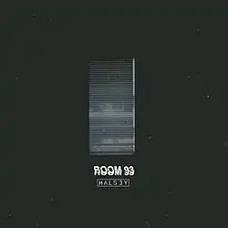 A dark gray square with a window in the middle; the blinds are drawn down. The words "ROOM 93 — HALSEY" are written in white text underneath.