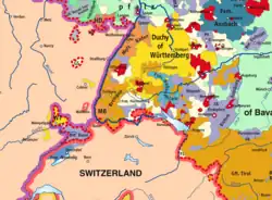 Section of map of the Holy Roman Empire, with the many states in different colors.