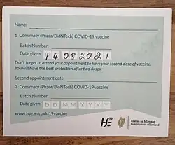A COVID-19 Vaccination Record Card issued by the Health Service Executive (HSE) in August 2021.