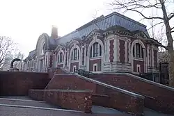 The rear face of the Hamilton Fish Play Center from inside Hamilton Fish Park