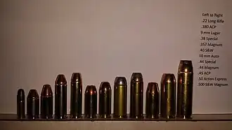 From left to right: .22 Long Rifle, .380 ACP, 9mm Luger, .38 Special, .357 Magnum, .40 S&W, 10mm Auto, .44 Special, .44 Magnum, .45 ACP, .50 Action Express, .500 S&W Magnum