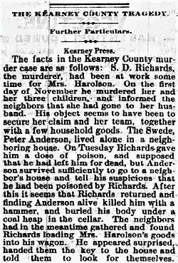 A scanned print of an article published in The Nebraska State Journal reporting the Harlson family and Anderson's murders