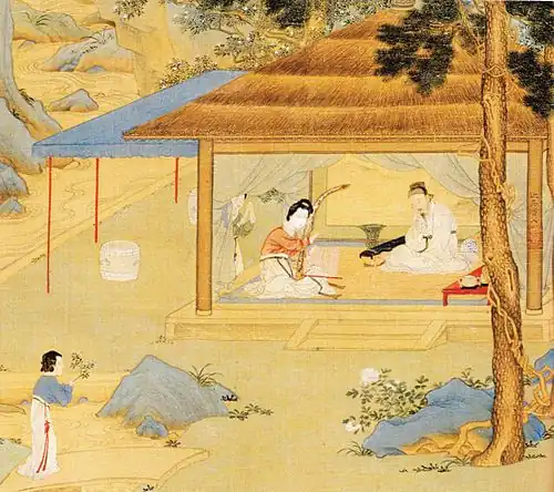 Woman playing konghou, details of a painting by Qiu Ying, Ming dynasty