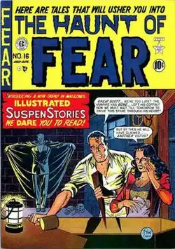 A comic book cover reading "The Haunt of Fear" in dark blue letters on a yellow background. Below is a colorful illustration of a man and woman standing over an empty open coffin, the man with a wooden stake in one hand and a hammer in the other, while a male vampire stands behind them in the shadows.