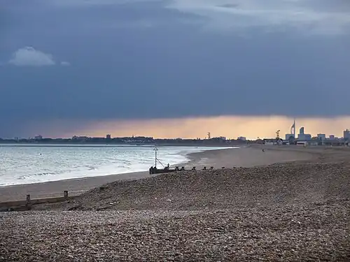 Image 88Hayling Island's mainly shingle beach with Portsmouth's Spinnaker Tower beyond (from Portal:Hampshire/Selected pictures)
