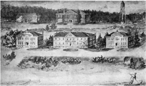 A drawing of the Hayward Indian Boarding School which was published in 1900 by an unknown author.
