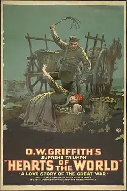 Theatrical lobby poster showing dramatic World War I scenes