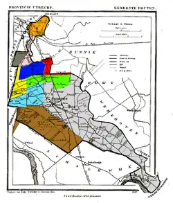 Houten in 1868. The heerlijkheden before 1795 are shown: Oud-Wulven (green), Waaijen (blue), Wulven (light blue), Heemstede (yellow), Grote and Kleine Koppel (pink and dark grey), Maarschalkerweerd (orange), and Slagmaat (red).