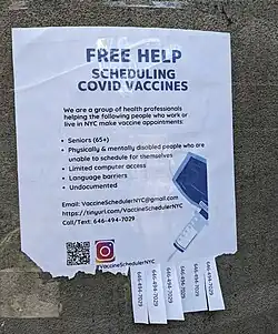 Flyer posted on Roosevelt Island, offering help in scheduling COVID-19 vaccine appointments for individuals belonging to vulnerable populations in March 2021