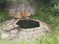 A hexagonal pool surreounded by flagstones continuing the hexagonal design. There is a wall behind this structure (the Royal Canal towpath runs beside this structure and above it by perhaps 2.5 metres. )