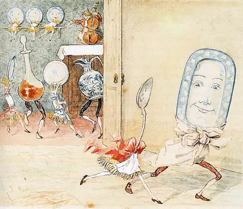 "The spoon runs away with the dish" – a Randolph Caldecott illustration from a nursery rhyme
