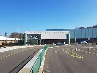 The school building's front view, with the main lobby in the center, gym/theater on the right and the pre-K wing on the left.