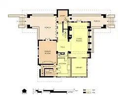 Hills House First Floor Plan in 1906. Outline of the earlier house is shown in yellow.