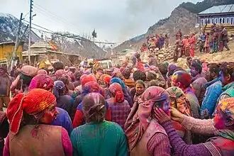 Local women celebrating Holi in Sangla.
