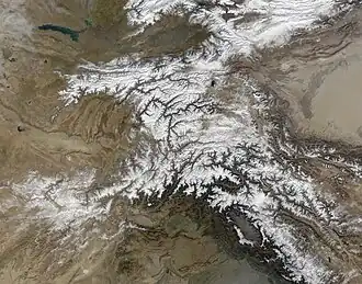 Satellite image of the region with the Afghanistan–China border marked