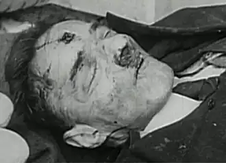 Achromatic close-up of a suited body with a toothbrush moustache, a bloody gunshot wound to the forehead, and a darkened right temple