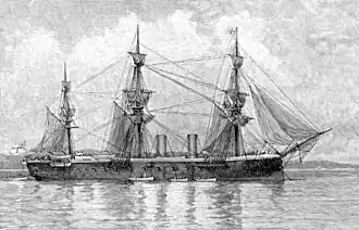 A lithograph of HMS Inconstant at full sail. She has a more moden hull which looks slightly round and metallic juxtaposed against her sails ans small funnels.