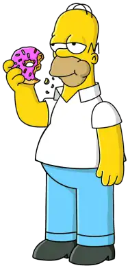 A cartoon image of a yellow, obese balding man with a white T-shirt, blue jeans and black shoes, eating a donut