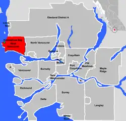 Location of Horseshoe Bay (green dot) within West Vancouver (red) and Greater Vancouver (dark grey)