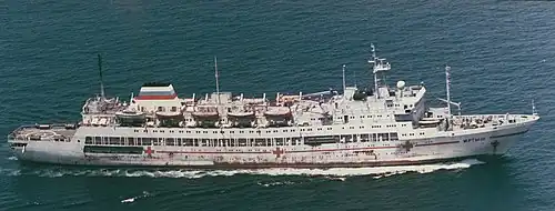 Aerial starboard side view of the Irtysh underway