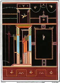 Lithograph of wall on the left of the women's quarters' peristyle adjacent to the entrance of cubiculum 33 (1902 map)
