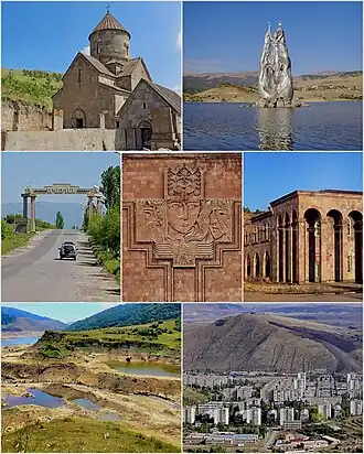 From top left: Makravank Monastery • Tsovinar monument on Aghbyurak Reservoir • Entrance monument Palace of Culture • Music school Marmarik Reservoir • Hrazdan skyline