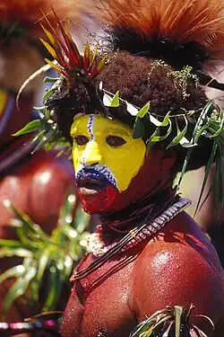 Man with yellow face paint and a wig adorned with feathers and leaves
