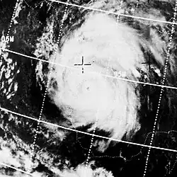 A satellite image of a hurricane. A small eye is visible. An overlay of the coordinate grid is also visible.