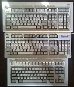 From top to bottom: IBM Model M Square Logo 1390131 (1986), Unicomp Spacesaver M UNIZPHA (2011), IBM Model M Space Saving 1392934 (1991)