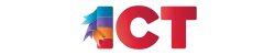 A graphic depicting the letters ICT all in capitals and in a sans serif font. The letter I is divided into four differently colored stripes – from top to bottom they are blue, purple, orange, and red – and the top three stripes have ribbons of the same color with forked ends trailing off to the left of the letter. The letters C and T are both red, with a slight gradient from highlight to shadow in the color moving left to right across the letters.