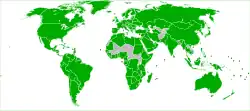 A map highlighting the majority of the world's countries
