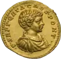 An aureus of Geta as caesar.