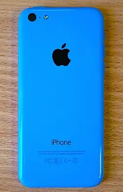 Rear side of blue iPhone 5c.