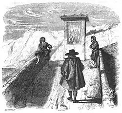 A black and white drawing of a man walking on a stone pathway, with two other men idle on the path's sides