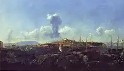 Landscape painting showing a busy harbor scene in the foreground with an island rising in the middle distance which is crowned by a variety of large buildings