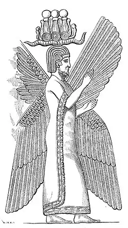 A line-drawing of Cyrus with ornate headgear