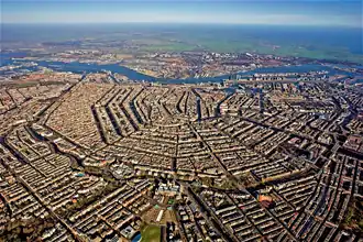 Aerial photo of the concentric canals in the city center of Amsterdam