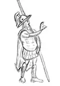 King Menander II in military uniform, holding a spear and making a blessing gesture with his right hand.